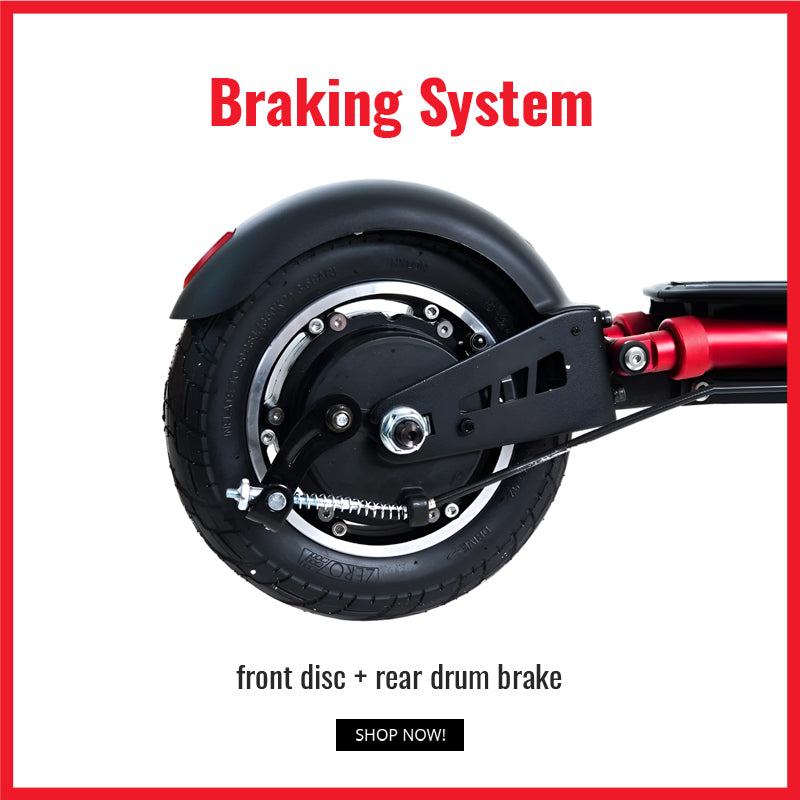 Front disc brake and rear drum brake on ZERO 9 scooter for superior stopping power
