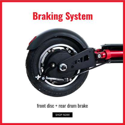Front disc brake and rear drum brake on ZERO 9 scooter for superior stopping power