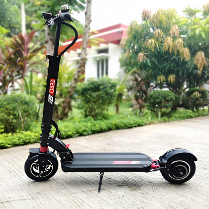 Rider commuting through city streets on ZERO 9 electric scooter