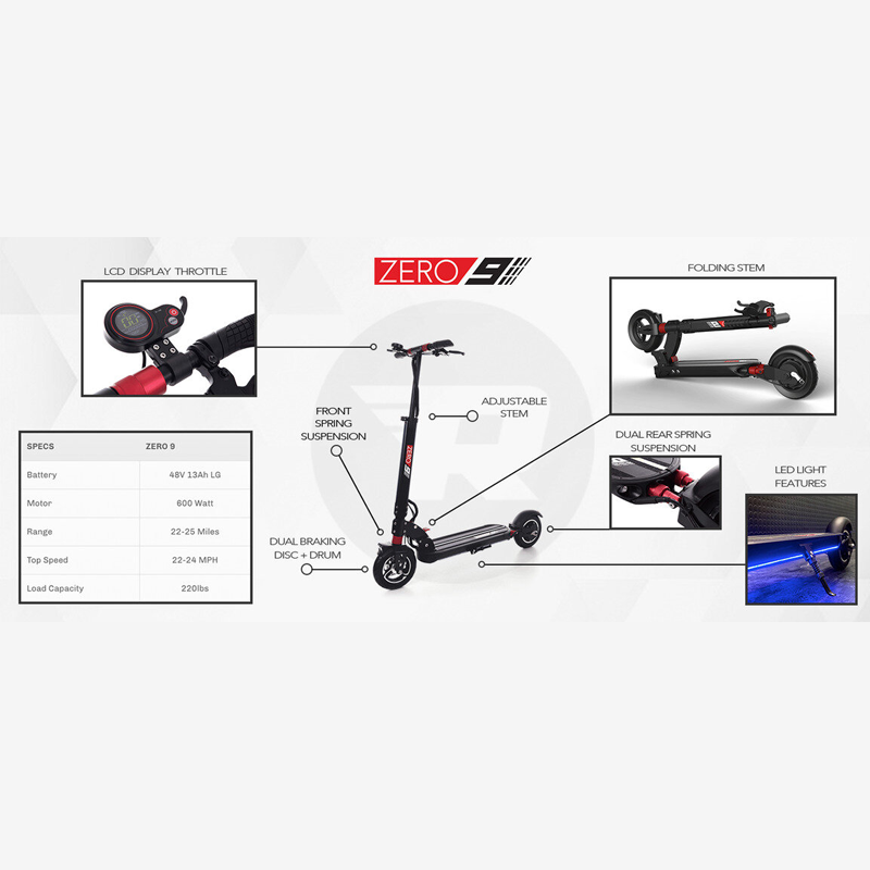 ZERO 9 scooter deck with wide standing space and rear LED brake light