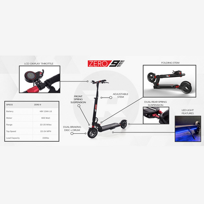 ZERO 9 scooter deck with wide standing space and rear LED brake light